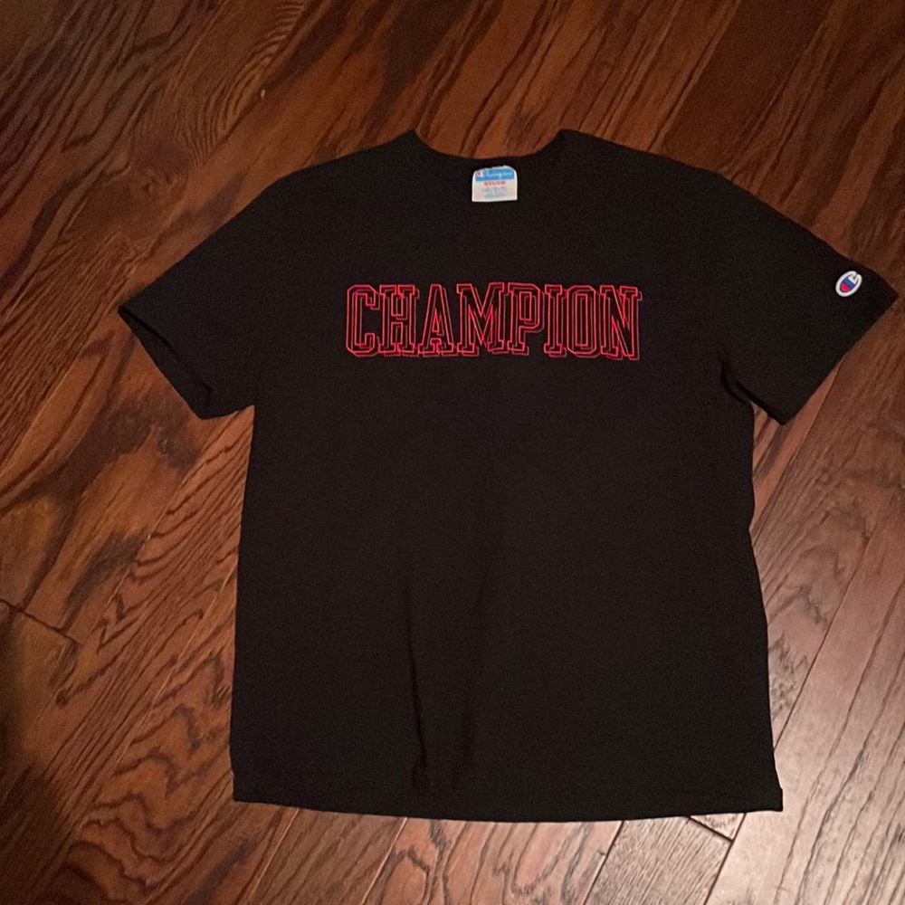 Champion black with red writing men’s or women’s Medium t-shirt, trendy